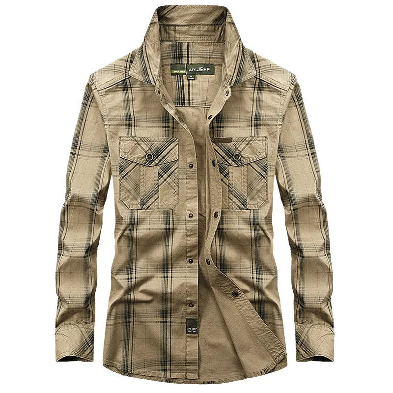 Men's plus size loose cargo cotton shirt in khaki, sapphire blue or army green, sizes M to 5XL, half sleeve.