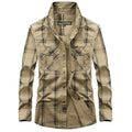 Men's plus size loose cargo cotton shirt in khaki, sapphire blue or army green, sizes M to 5XL, half sleeve.