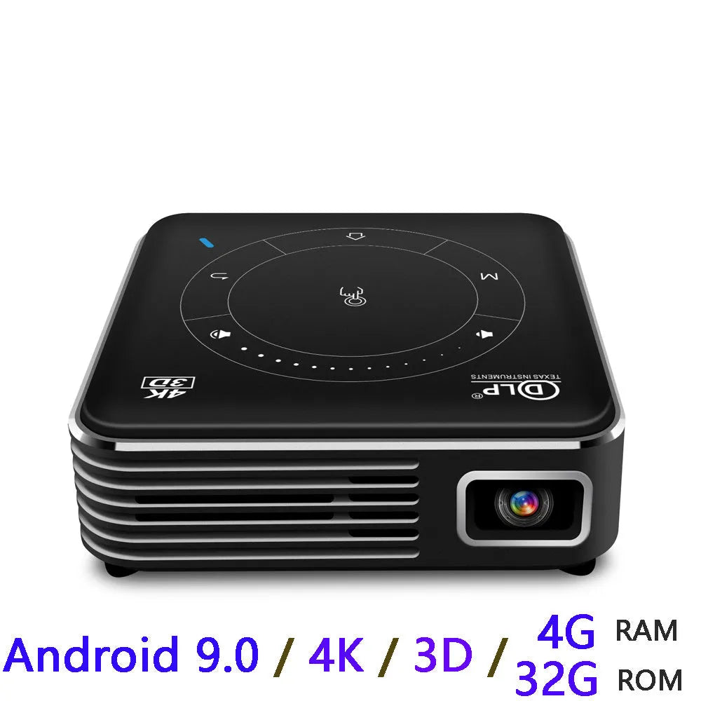 Android portable phone projector, DLP, 854x480dpi, 2000-3000 lumens, 8 x 8 x 2.8 cm, black and grey