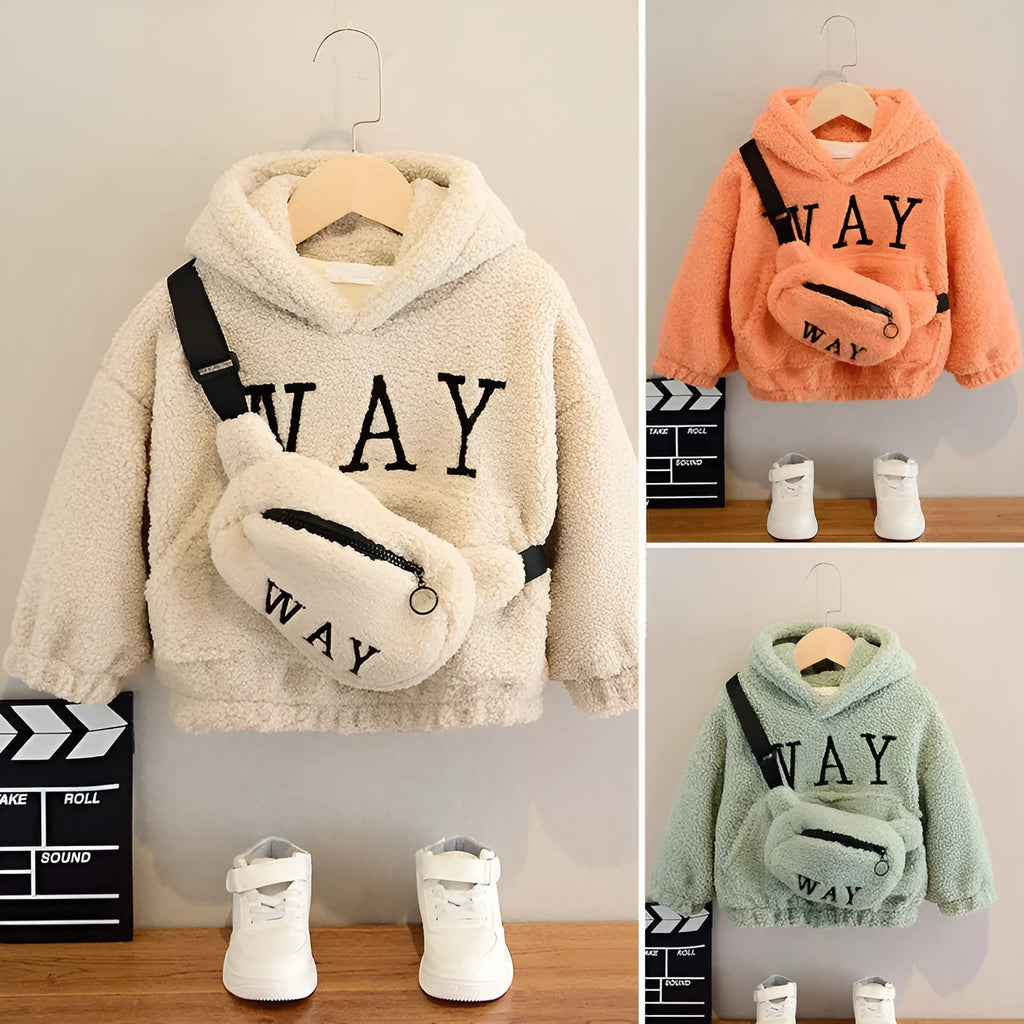 A beige children's fleece jacket with an attached hood, featuring a cartoon pattern and long sleeves.