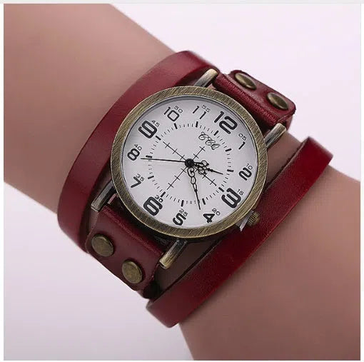 CCQ vintage leather bracelet watch women 35mm alloy case quartz movement adjustable band multicolour