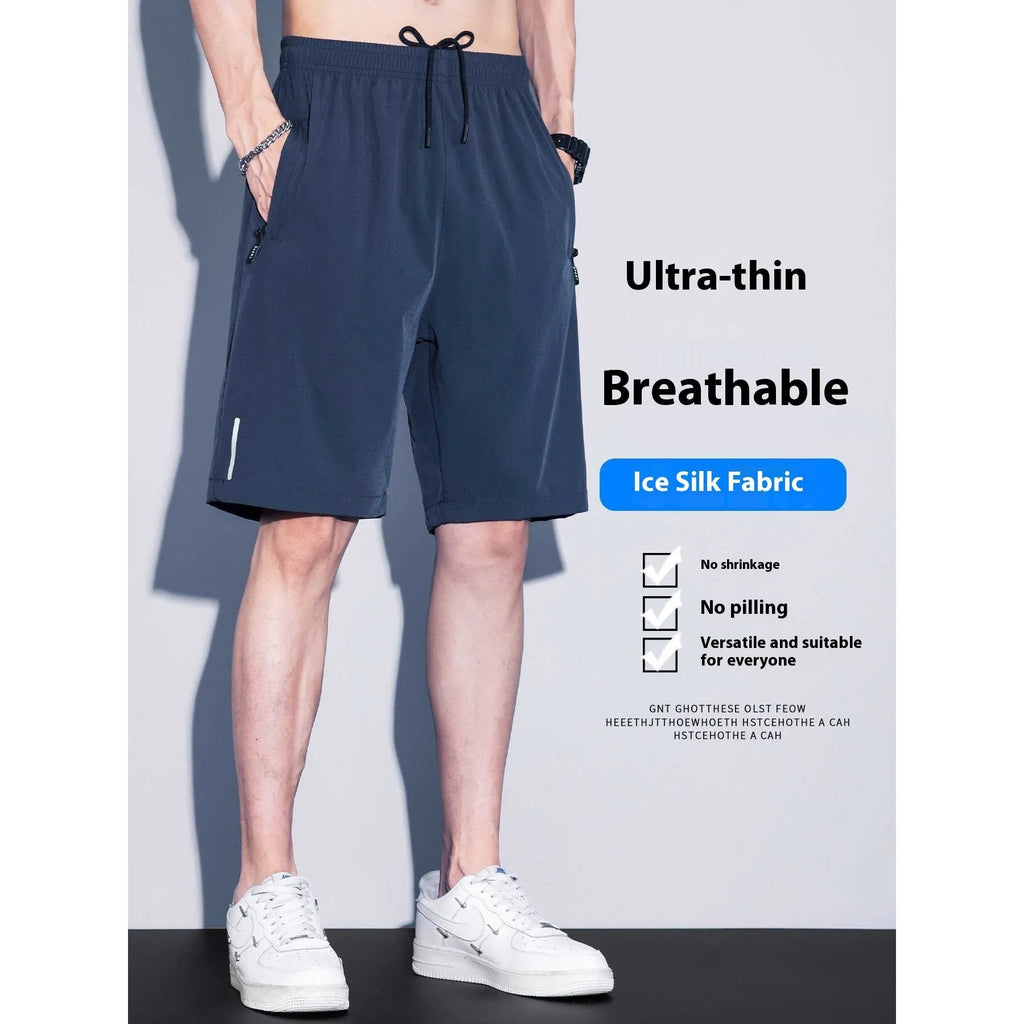 Men's thin ice silk quick-dry polyester running shorts in black, straight cut, front view