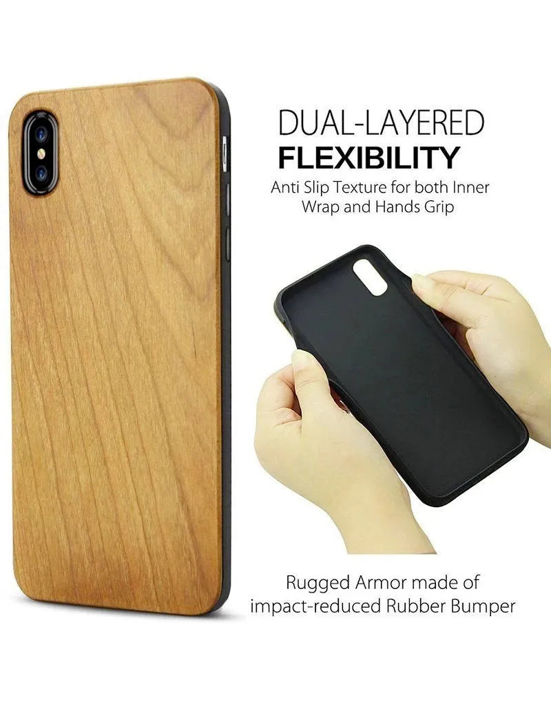 Wooden phone case with laser carving details for iPhone and Samsung smartphones in cherry or rosewood.