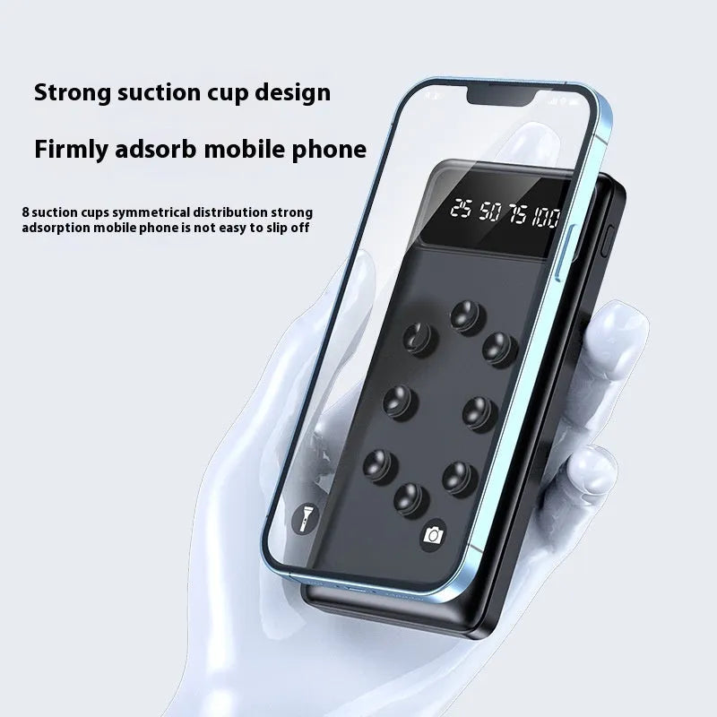 Black and white suction cup power bank with removable bracket, detachable cable, 10000mAh, 142x68x19mm