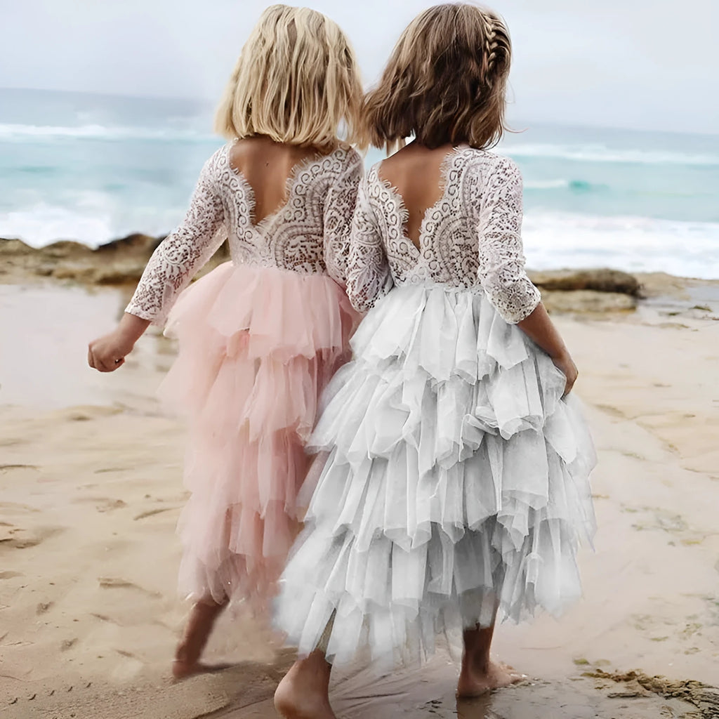 Girls white princess dress with lace sleeves and hollow pattern in cotton blend fabric