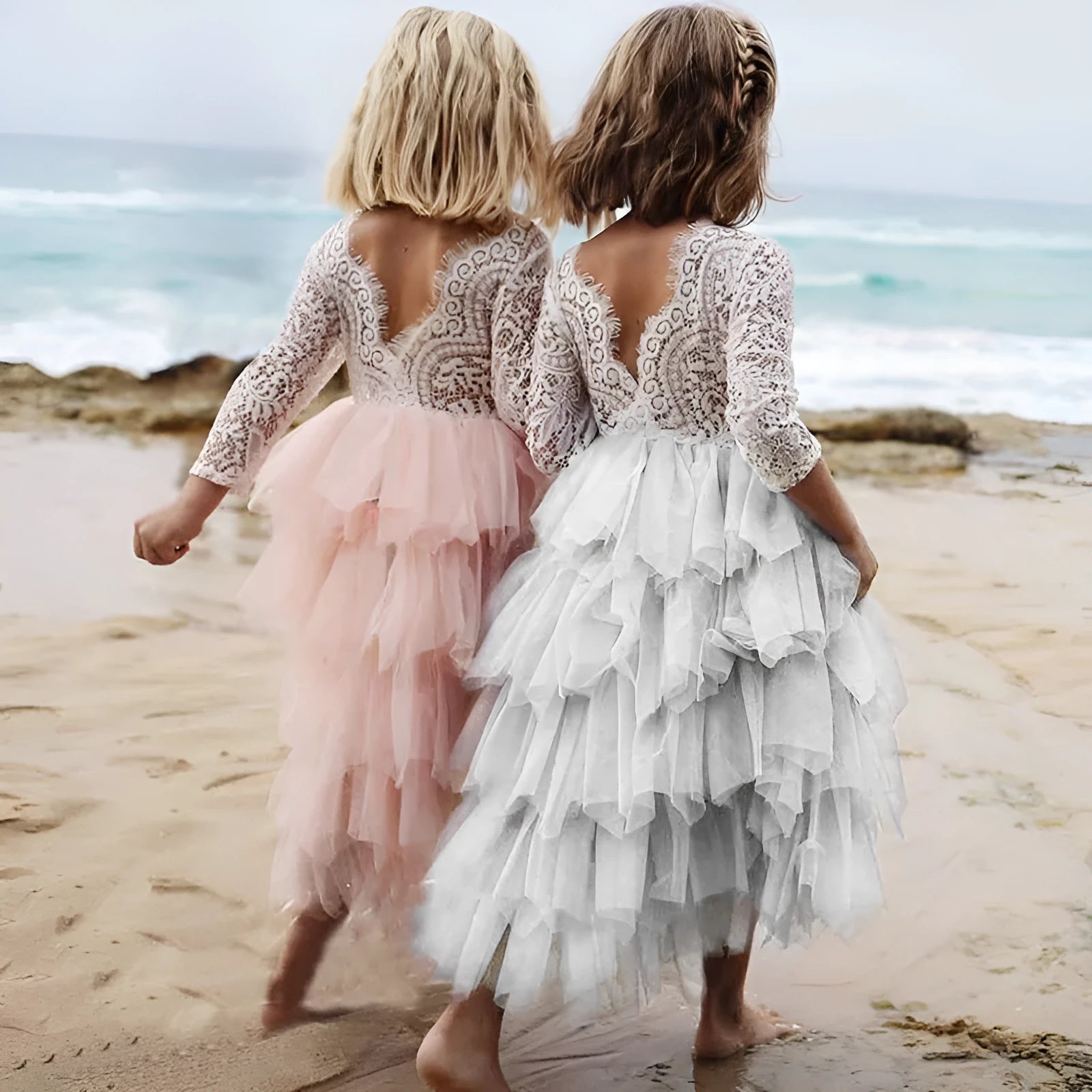 Girls white princess dress with lace sleeves and hollow pattern in cotton blend fabric