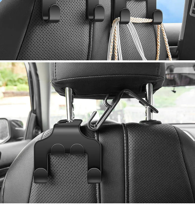 Two white ABS car-mounted multifunction hooks showing phone bracket and hanging hook uses.
