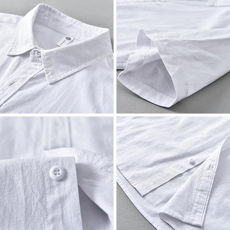 Men's loose-fitting short-sleeved cotton shirt in cardigan style shown in light grey colour