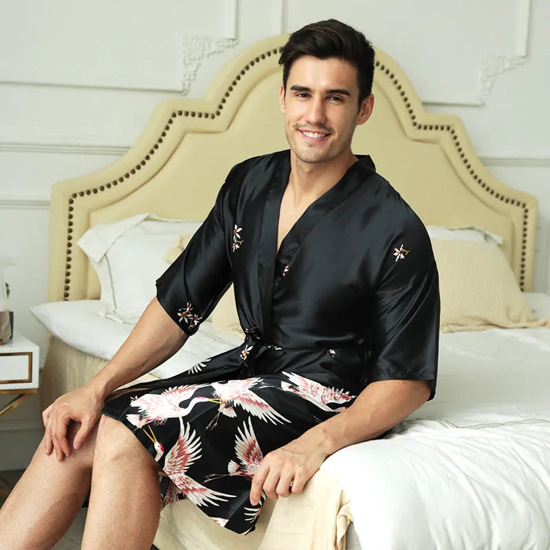 Men's mid-length artificial silk nightgown in cardigan style, black colour, size M-3XL
