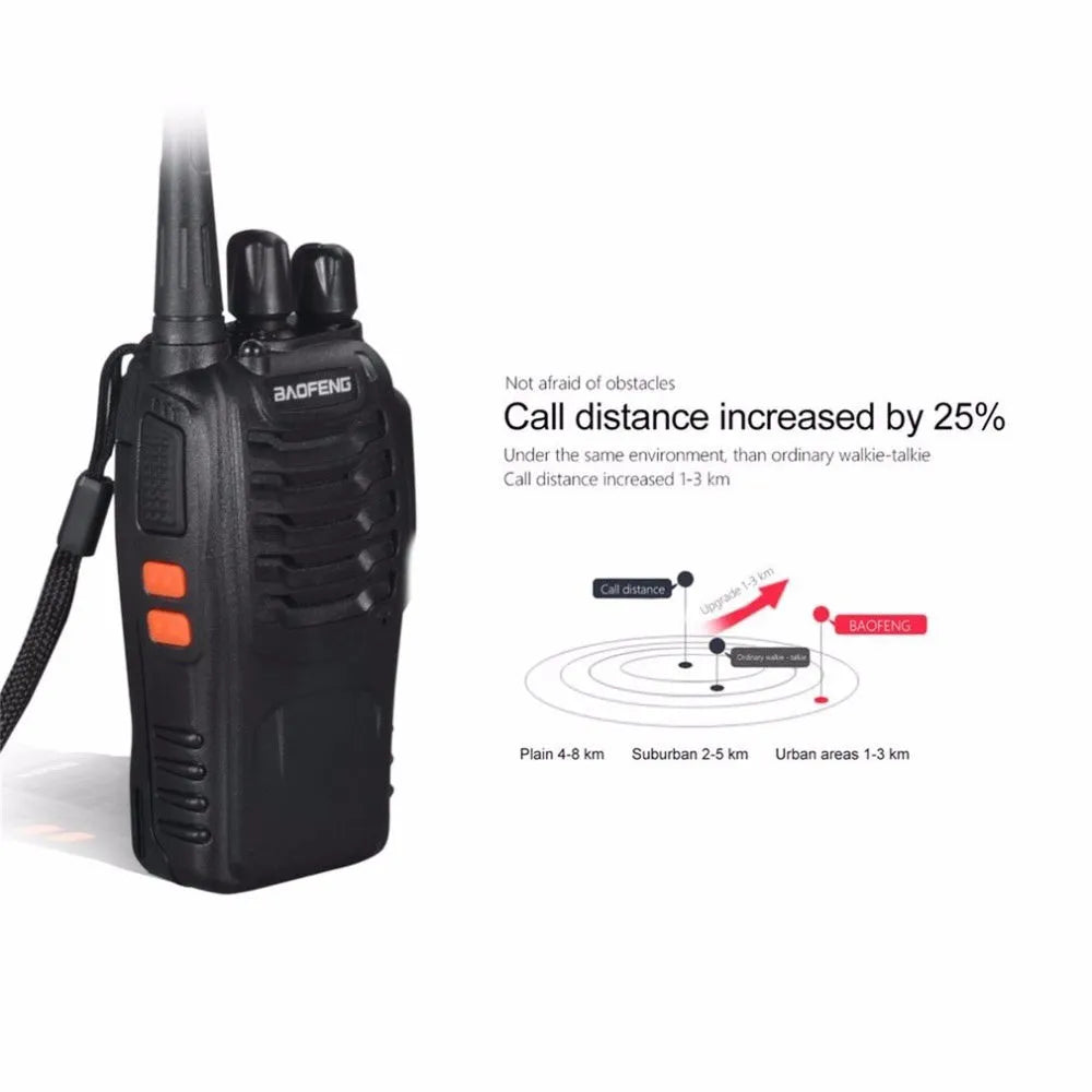 Black BF-888S walkie talkie with antenna and belt clip placed on dark surface