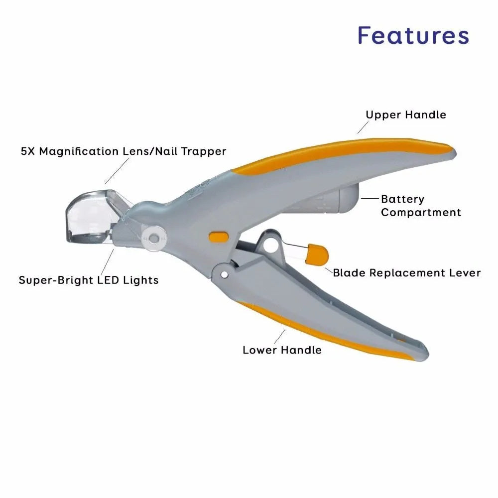 Yellow and grey pet nail trimmer clipper with LED light and magnifying glass on white background