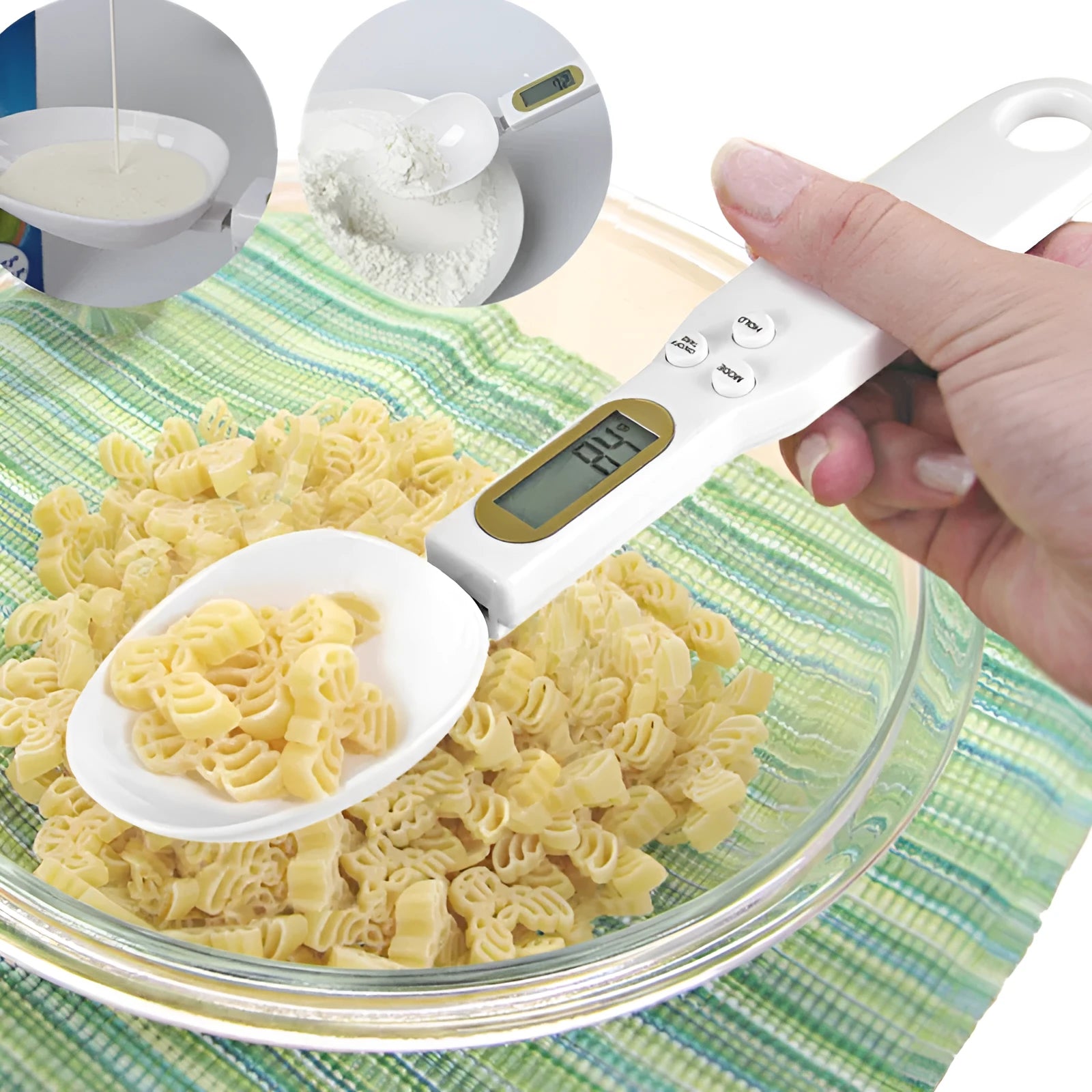 White digital spoon kitchen scale with LCD display showing weight measurement