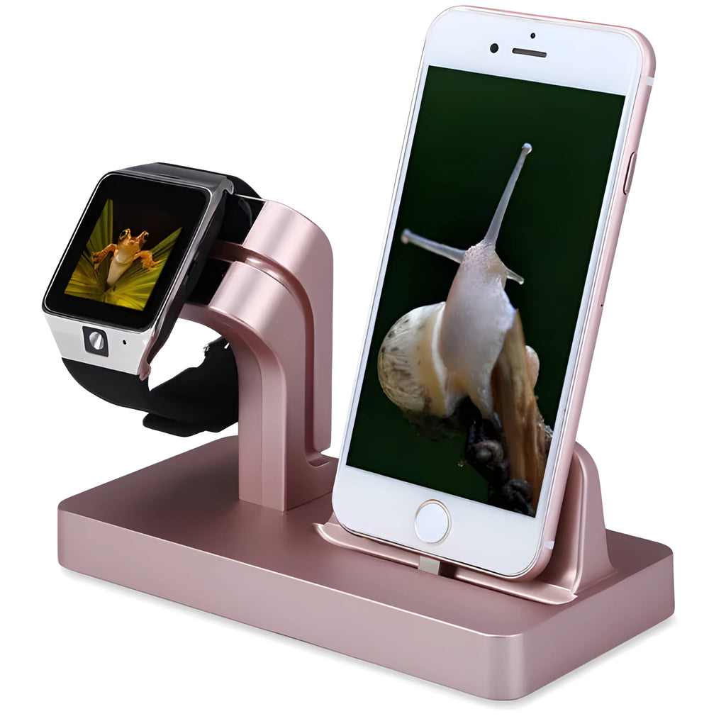 White Apple iPhone and Watch 2-in-1 charging dock station on wooden desk