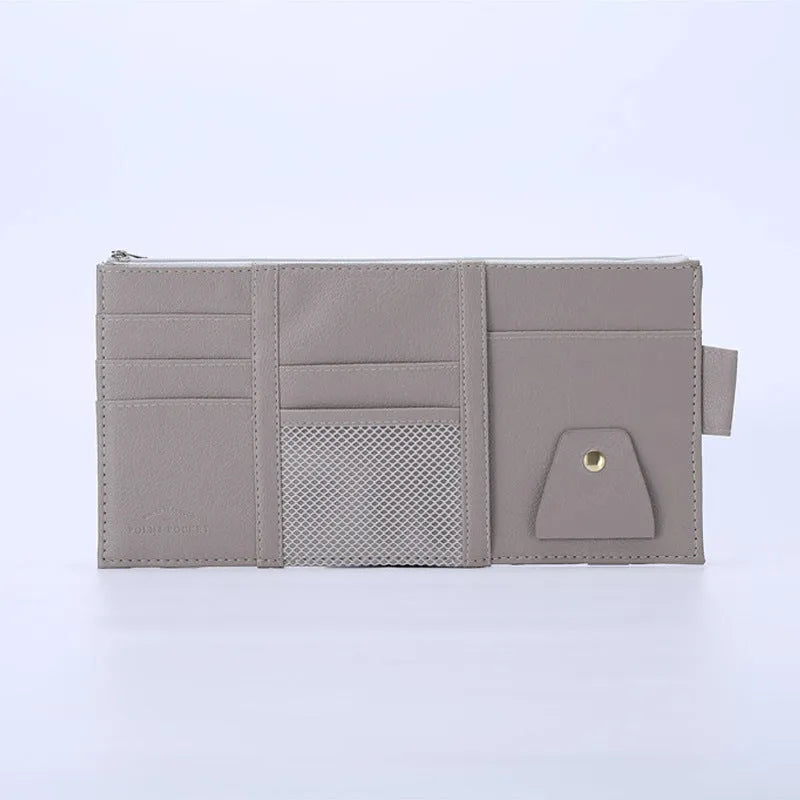 Beige PU car storage bag with compartments, 30x14.5cm, mounted on sun visor