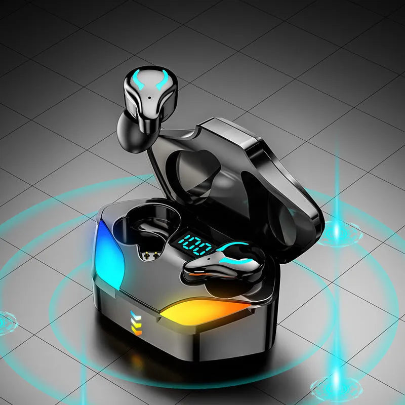 Black in-ear Bluetooth gaming headset for mobile phones with a focus on low-latency audio.