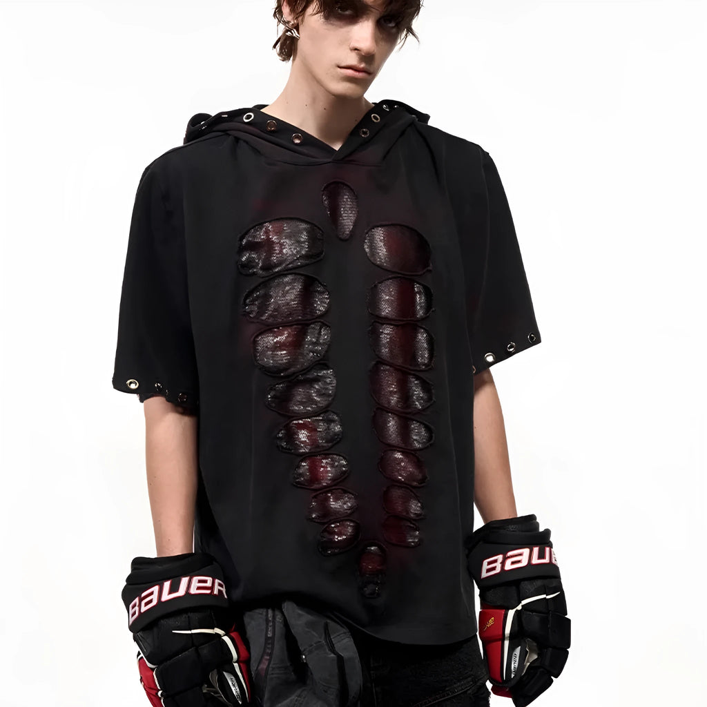 Black men's hooded sequin T-shirt loose fit short sleeves