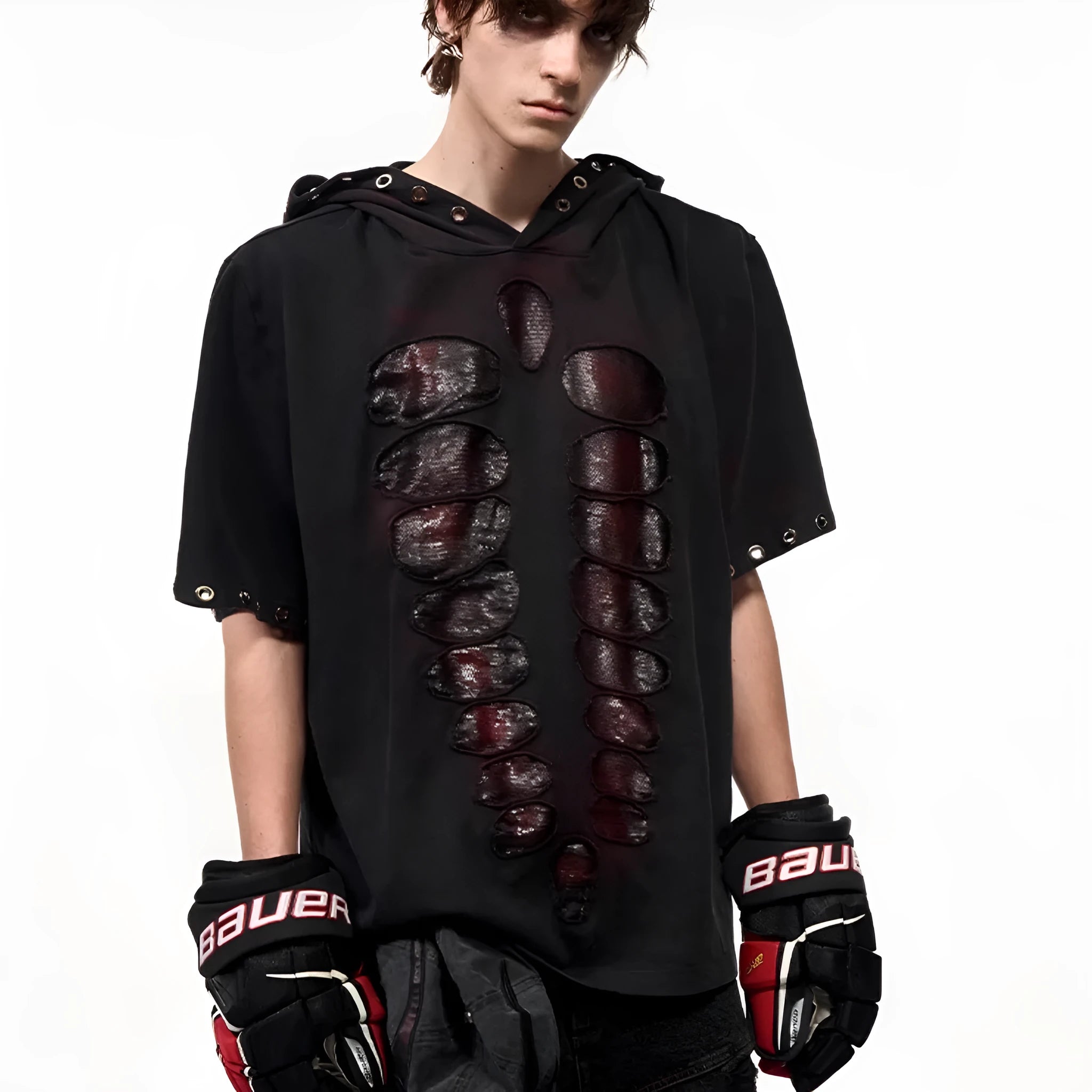 Black men's hooded sequin T-shirt loose fit short sleeves