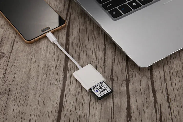 USB 2.0 SD card reader with 10 cm TPE+ABS cable in black colour on white background