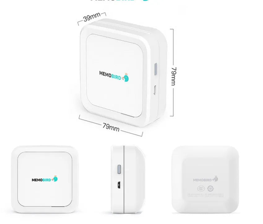 Thermal pocket portable Bluetooth printer in white, 79x79x40mm, with thermal paper roll inside