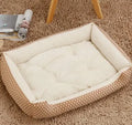 Large pet nest bed in beige leopard with short plush fabric and raised rim for dogs