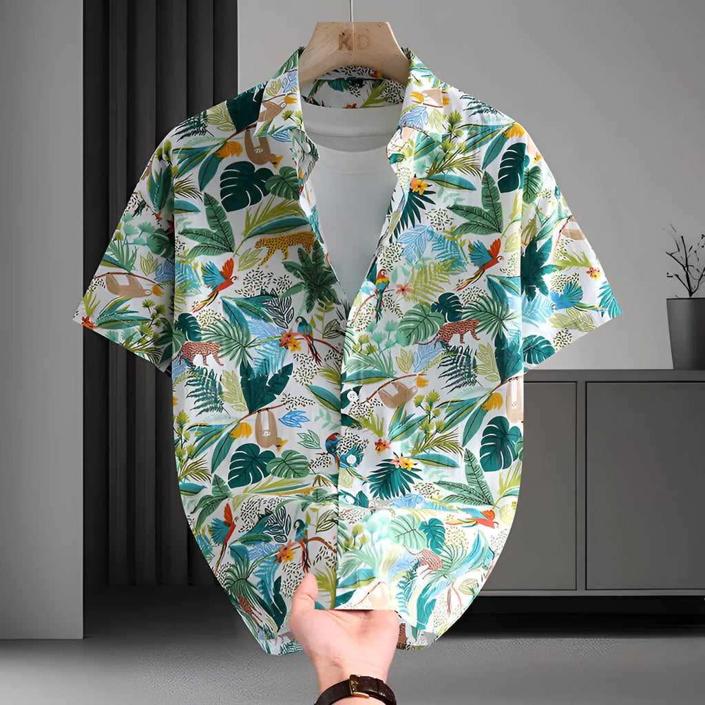 Men's Hawaiian-style floral cotton short sleeve shirt in cardigan design with open front