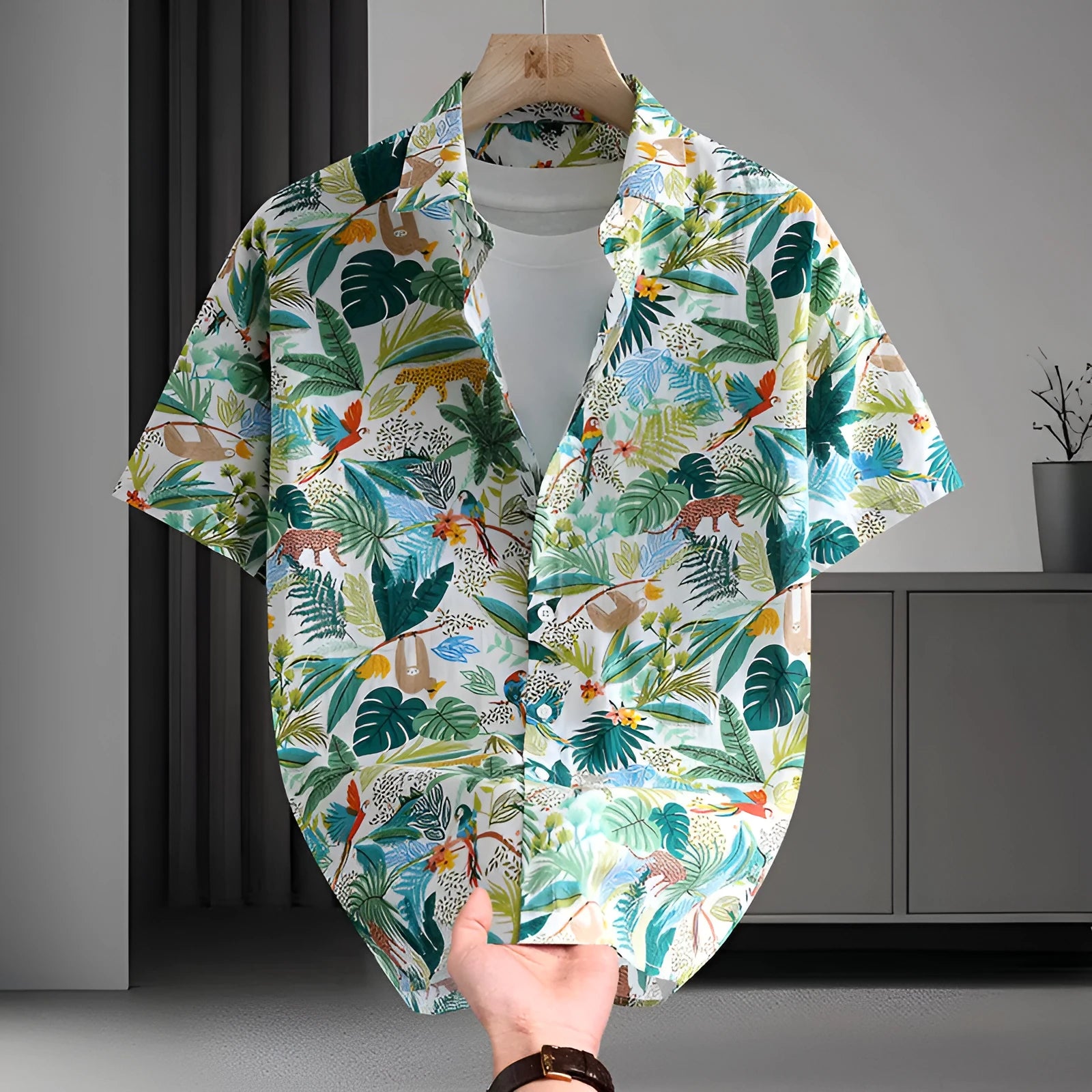 Men's Hawaiian-style floral cotton short sleeve shirt in cardigan design with open front