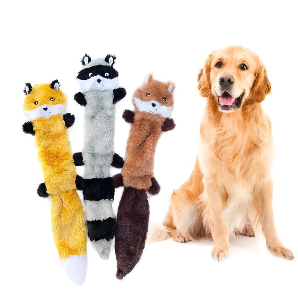 Soft plush dog toy with squeaker in multiple colours including brown, carrot orange, grey, patterned, and yellow options.