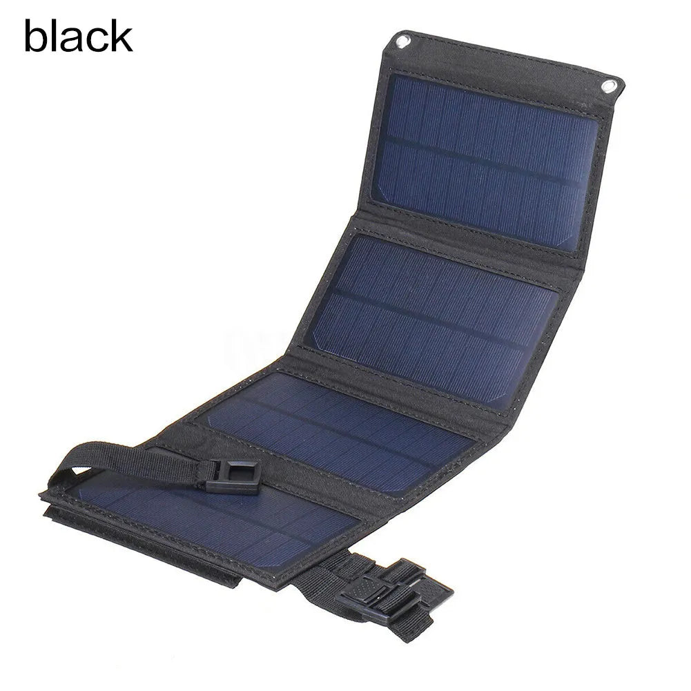 20W solar folding bag in camouflage with IP65 rating, expanded on grass with USB cable