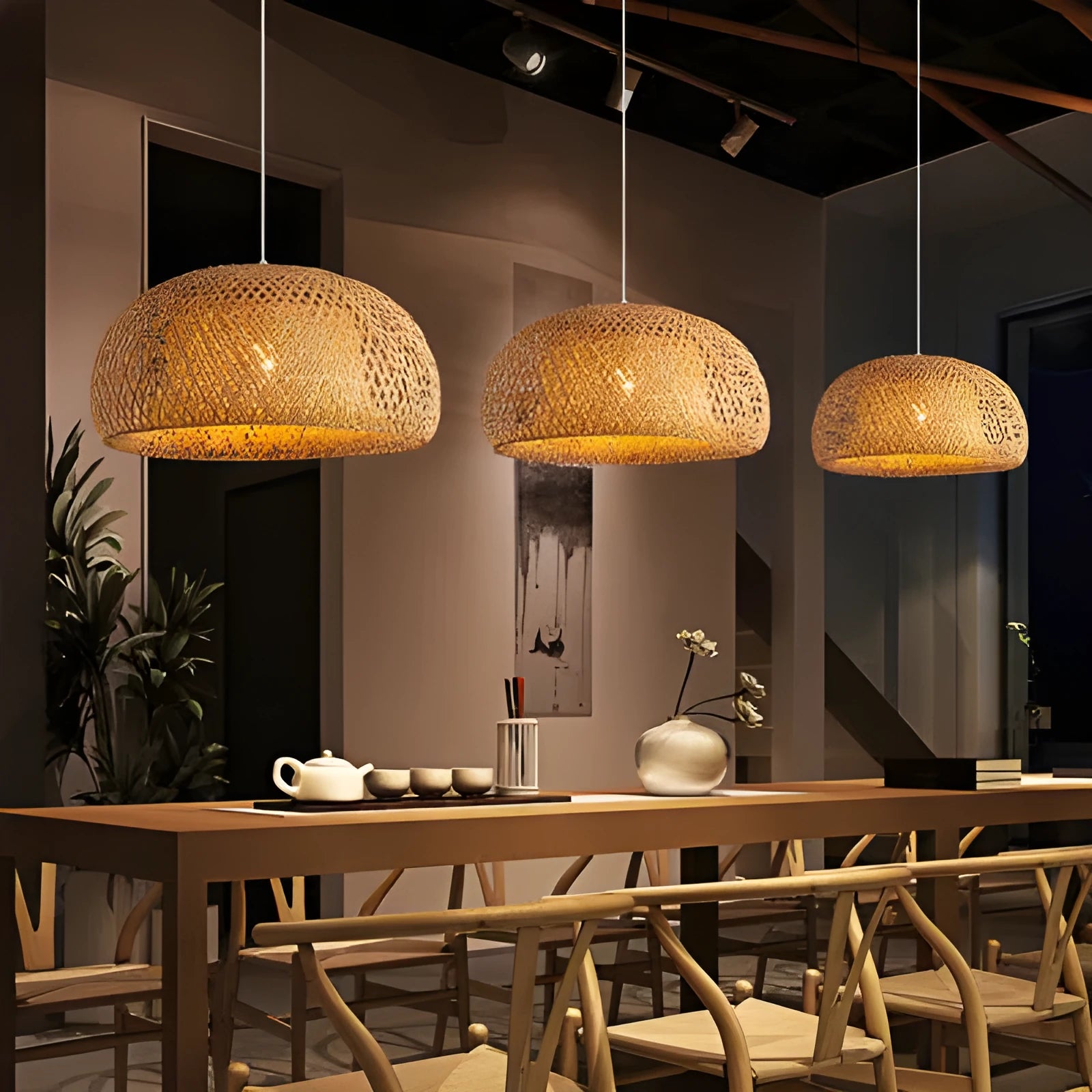 Brown bamboo woven chandelier pendant light 180x300mm for restaurant or tea room