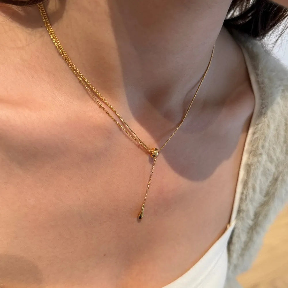 925 sterling silver women's clavicle chain necklace with double-layer stitching and water droplet pendant in gold finish