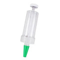 Green plastic mini garden seeder tool with adjustable thumb button, 12cm length