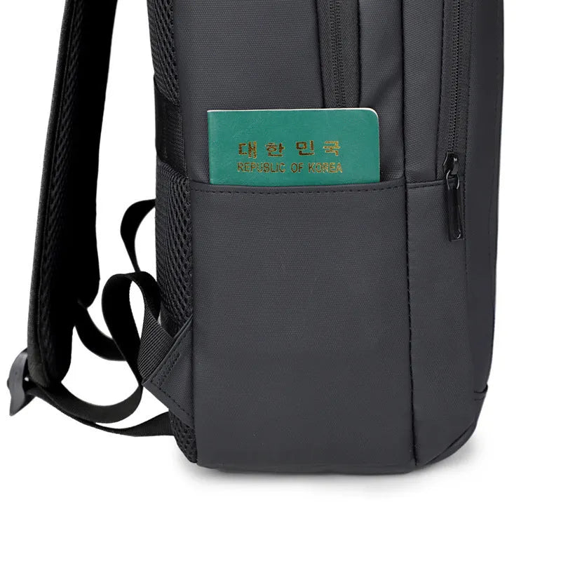 Waterproof USB business computer bag in black with air pillow belt and USB port, front view