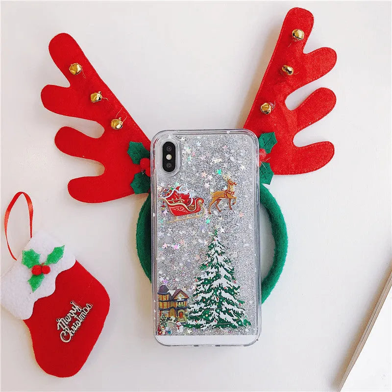 Quicksand effect transparent double-layer phone case for iPhone and Samsung models in various colours.