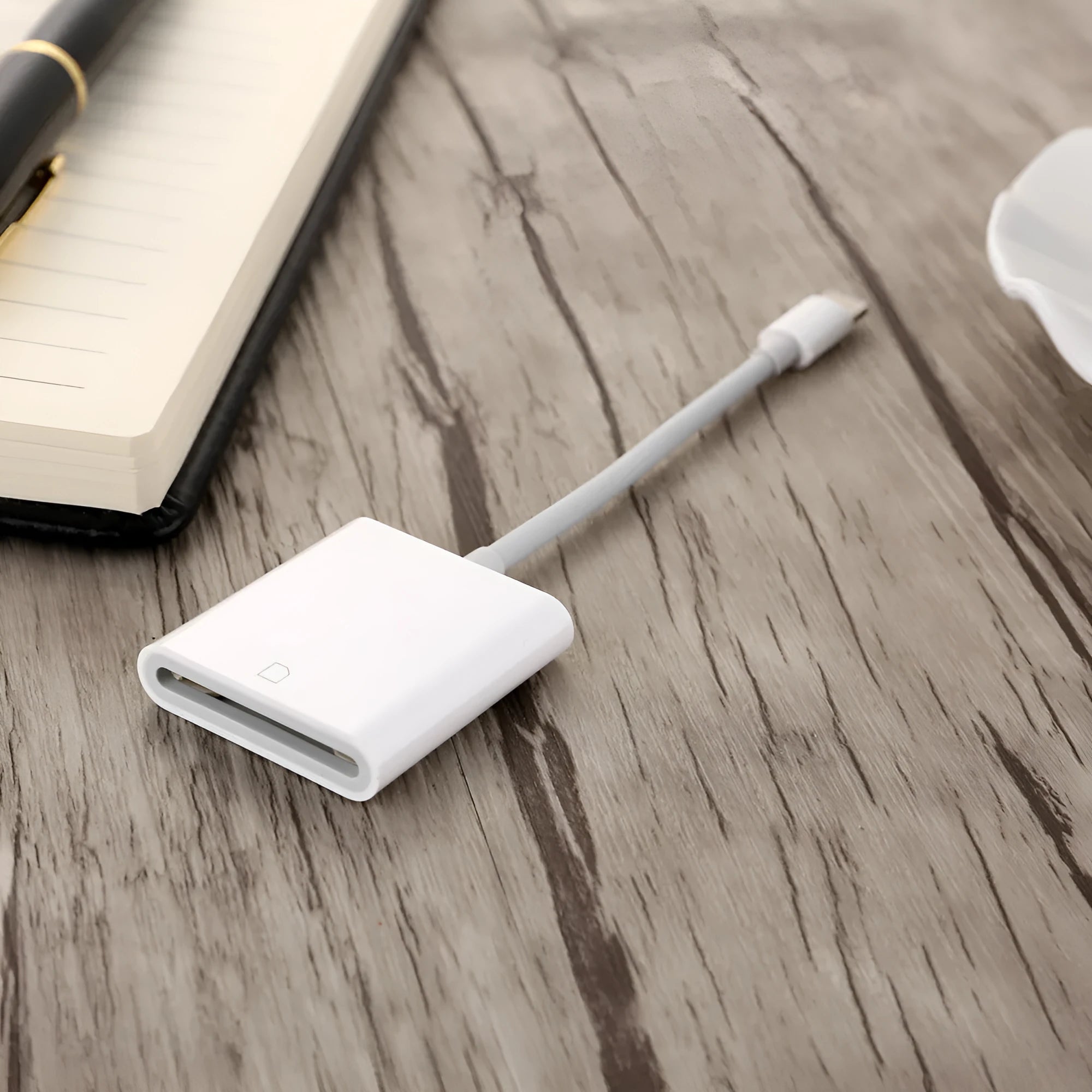 USB 2.0 SD card reader with 10 cm TPE+ABS cable in black colour on white background