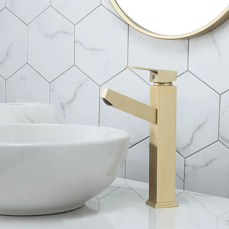 Nordic brass square pull kitchen faucet with brushed gold finish for 3.2-4.2 cm sink openings