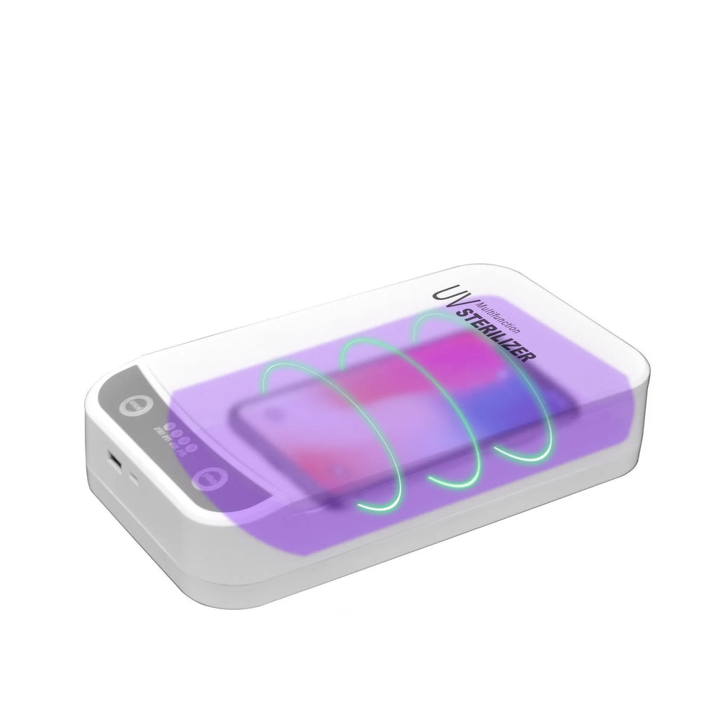 White plastic UV disinfection box open, showing internal chamber and UV lamps for sanitising phones.