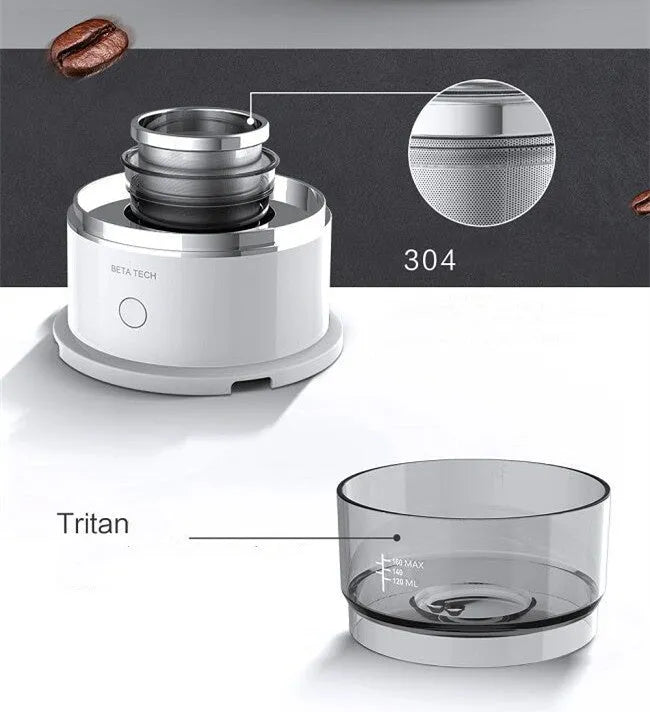 White ABS smart coffee maker with SUS304 filter and Tritan water tank, battery operated