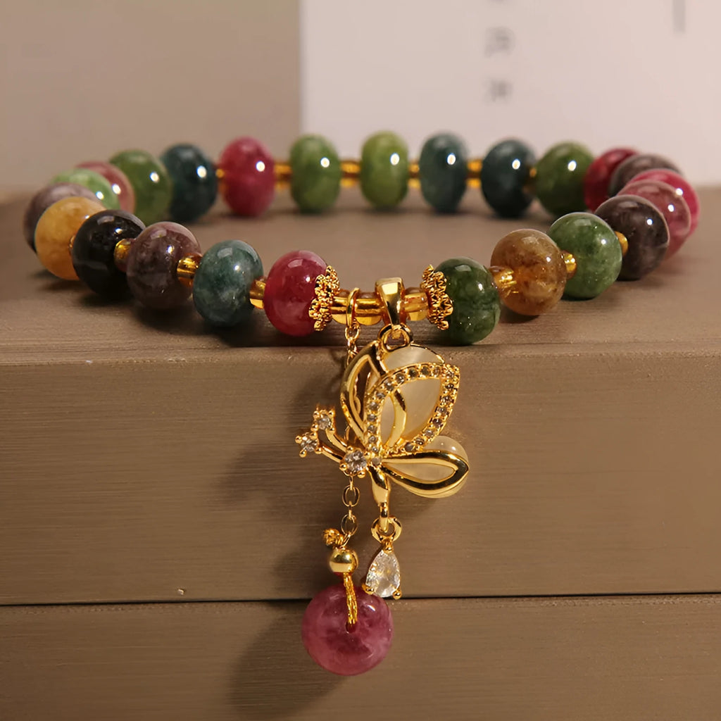Colourful women's bracelet with alloy butterfly charm and tourmaline beads for casual wear