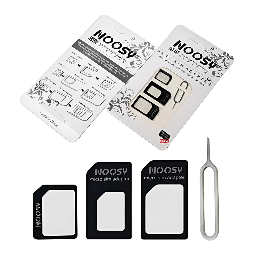 Three-piece SIM card cutting kit with nano SIM trays and micro adapter in black or white