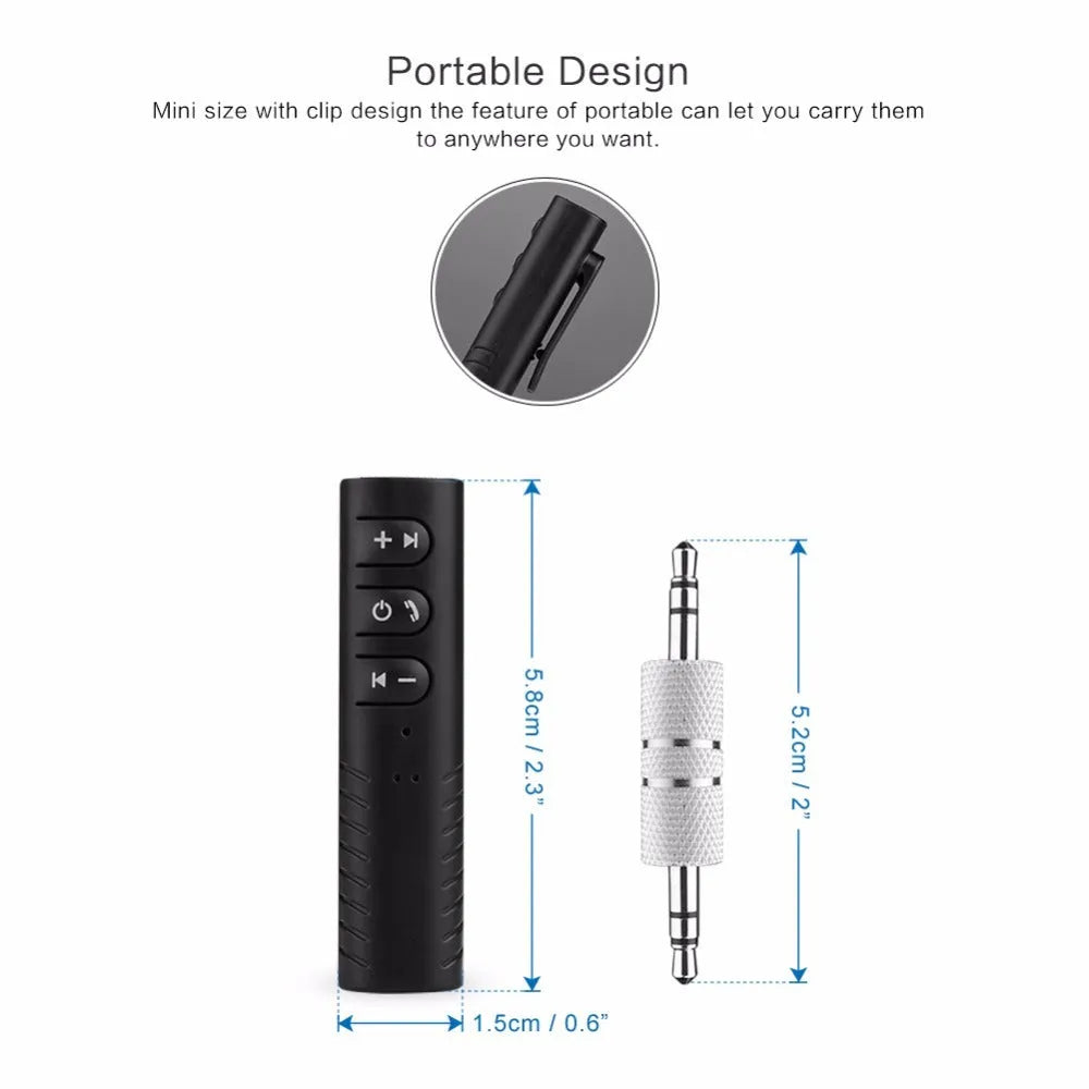 Black Bluetooth car audio receiver adapter with 3.5mm AUX connection for wireless music streaming
