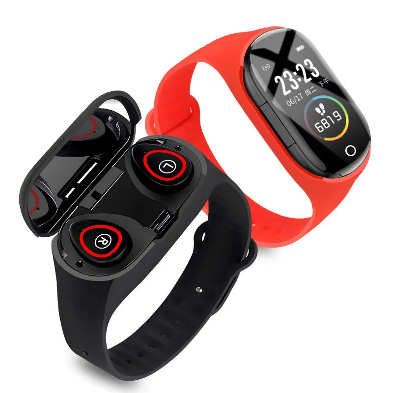 Smart bracelet earphone combo in silicone with 1-inch screen, shown in black, blue, and red colour options.