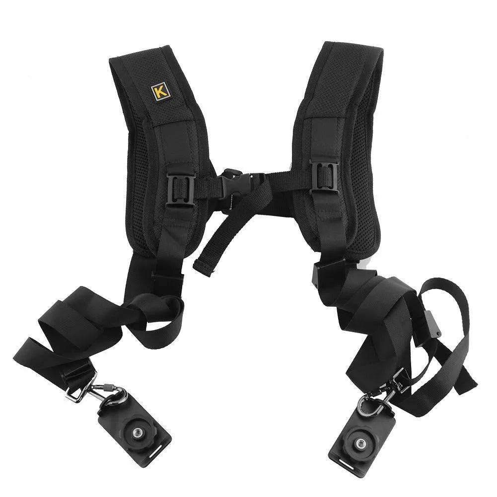 Black dual camera harness strap for two SLR cameras with shoulder padding