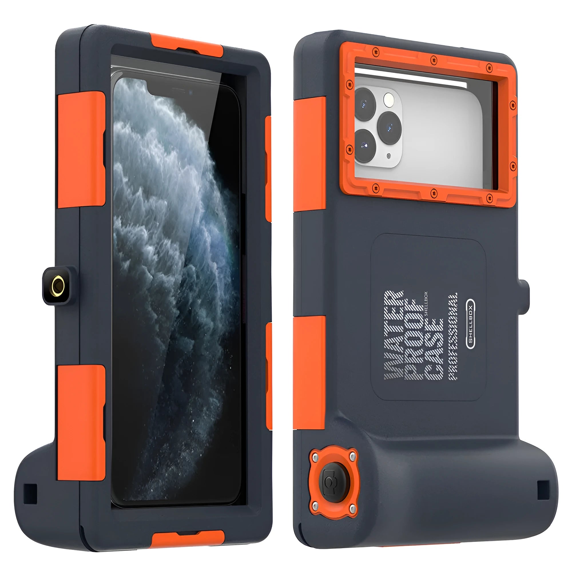 Transparent waterproof phone case for iPhone and Samsung devices in orange colour