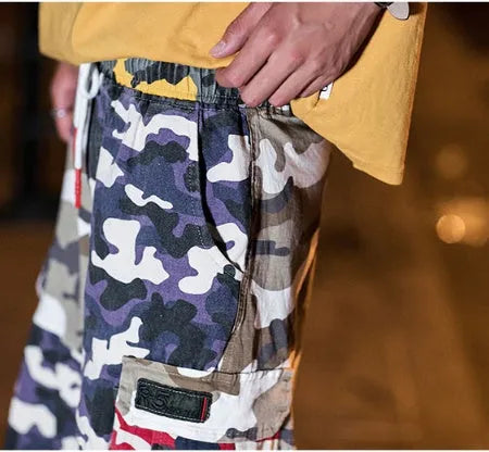 Men's loose fit camouflage five-point cotton trousers, mid-rise waist, available in sizes M to 5XL