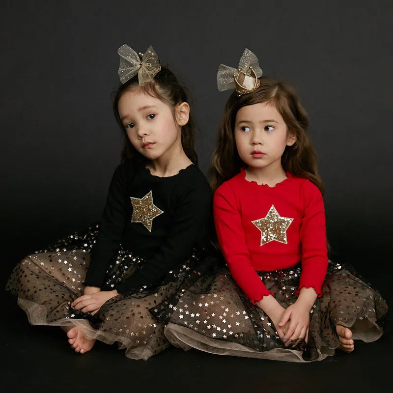 Girls' red cotton Christmas princess dress with lace trim, bow, and embroidered star decoration, long sleeves