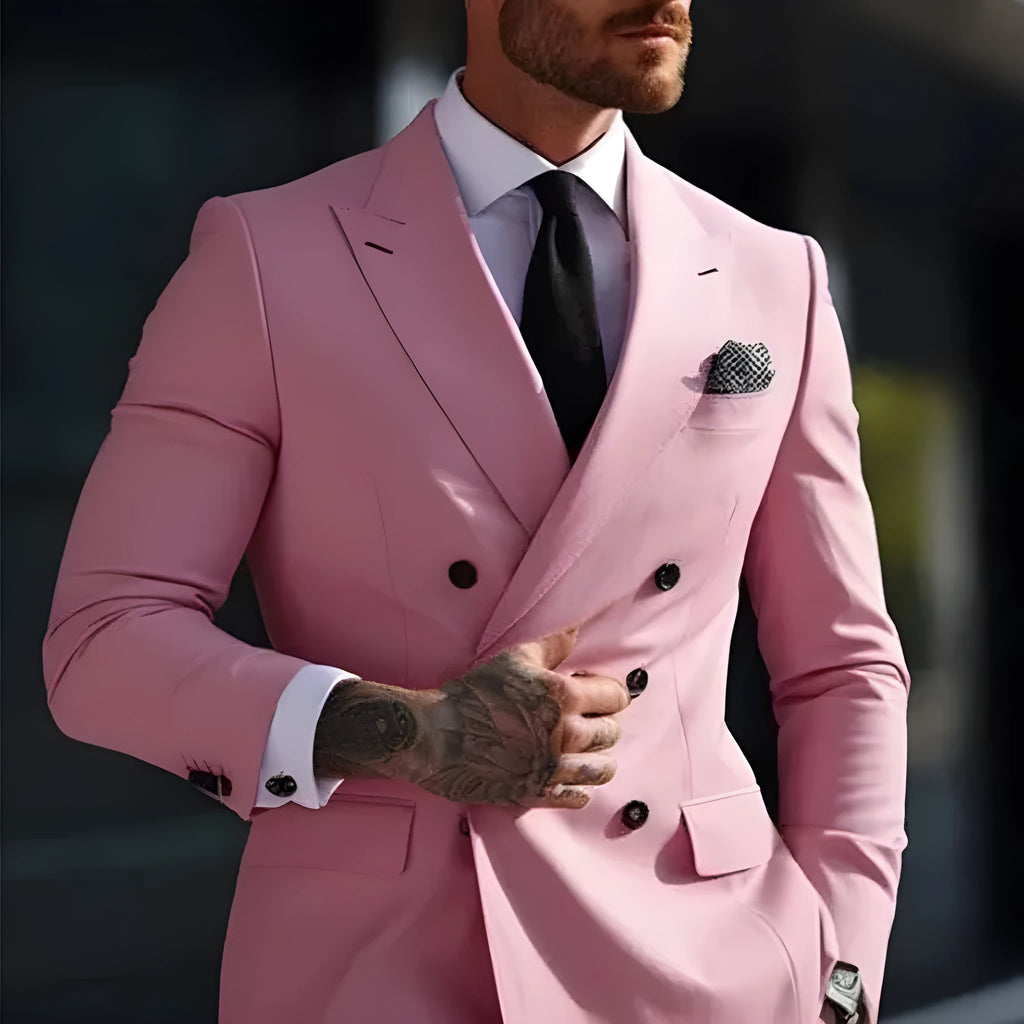 Men's grey two-piece Korean slim fit suit jacket and trousers on a hanger