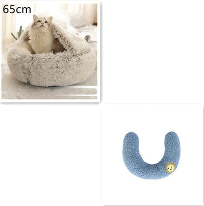 A soft, plush pet bed in various colors, including olive green, brown, pink, and grey, designed for the comfort and relaxation of cats and dogs.