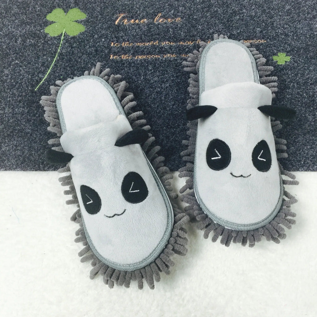 Brown panda-themed slippers with a removable fleece mask and chenille sole.