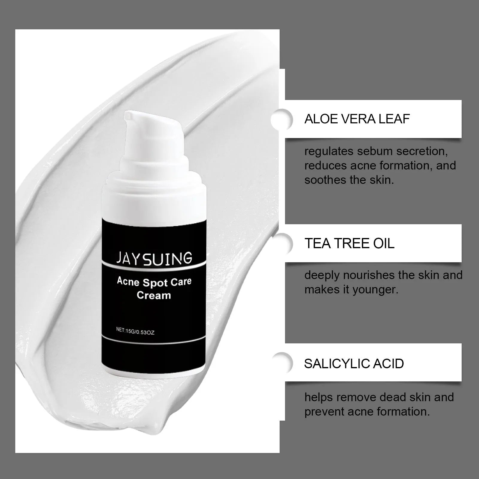 15g tube of mild acne treatment cream with mint, tea tree oil and aloe leaf ingredients