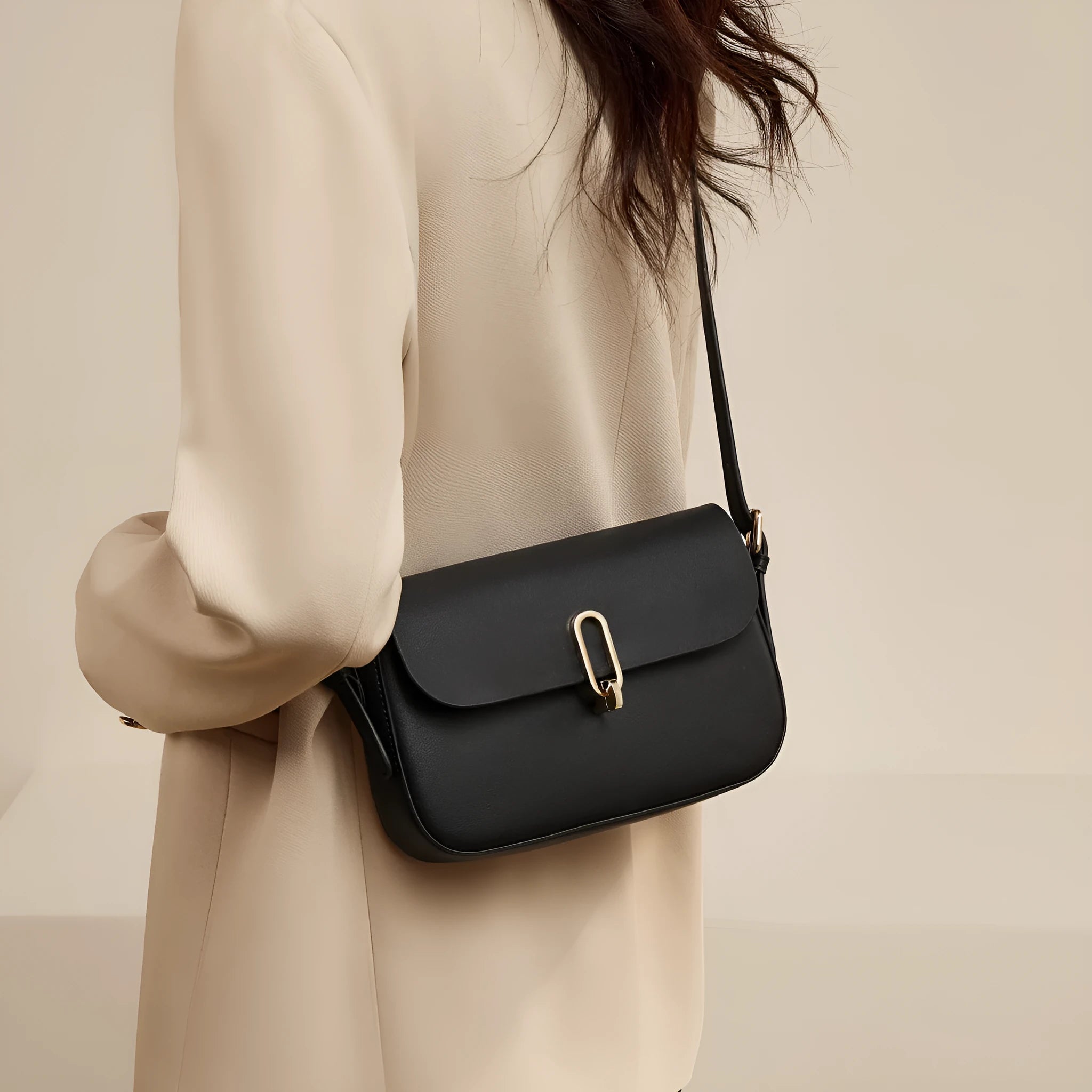 Black or brown genuine cowhide leather square shoulder messenger bag with a lock.